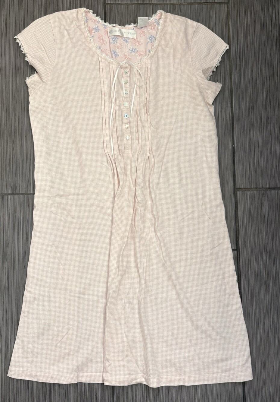 Eileen West Cap Sleeve Pink Gingham Nightgown Small Pleated Front Cottagecore